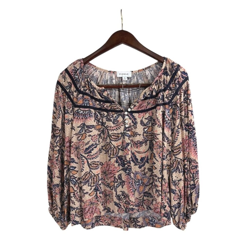 Evereve Womens Medium Floral Boho Billowy Blouse Rayon Puff Sleeves Cottage